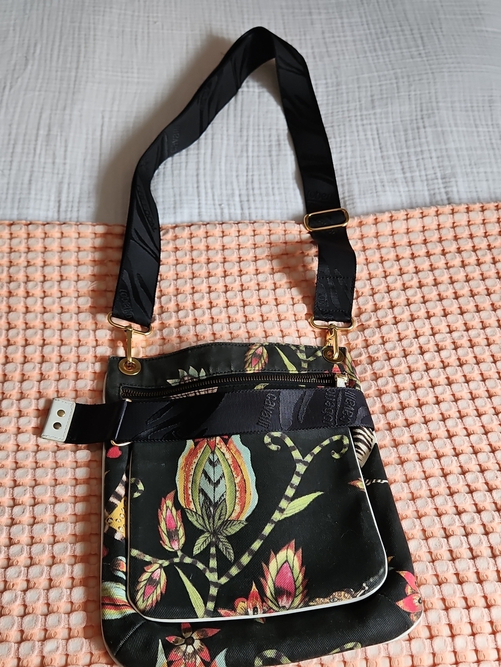 Roberto Cavalli Black Floral Crossbody with Gold Accents